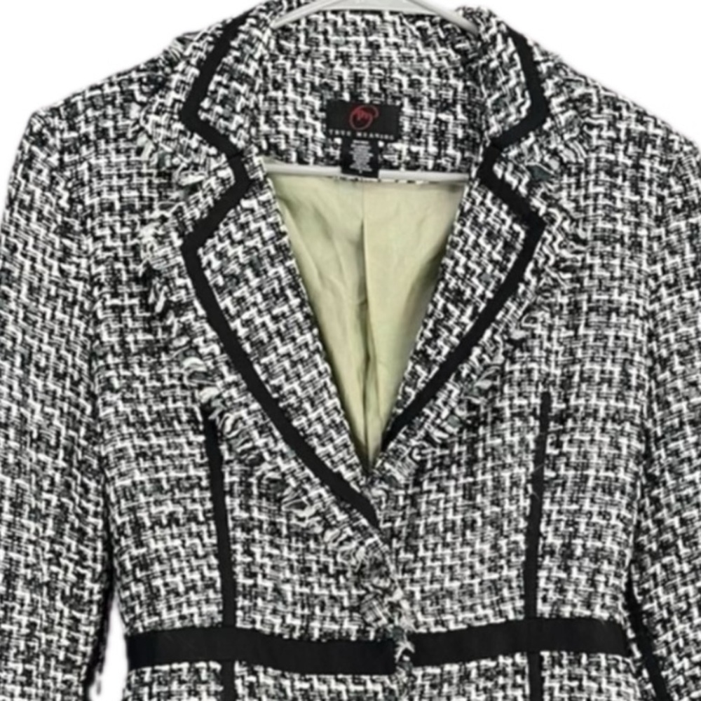 True Meaning Distressed Tweed Blazer Button Closure Black Trim Accents Size 8 - Picture 2 of 12